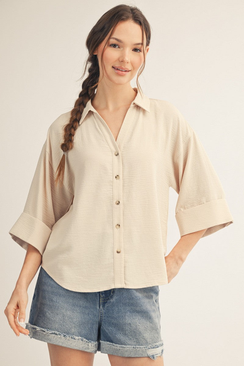 Pleat Back Detail Button Down Crinkle Top