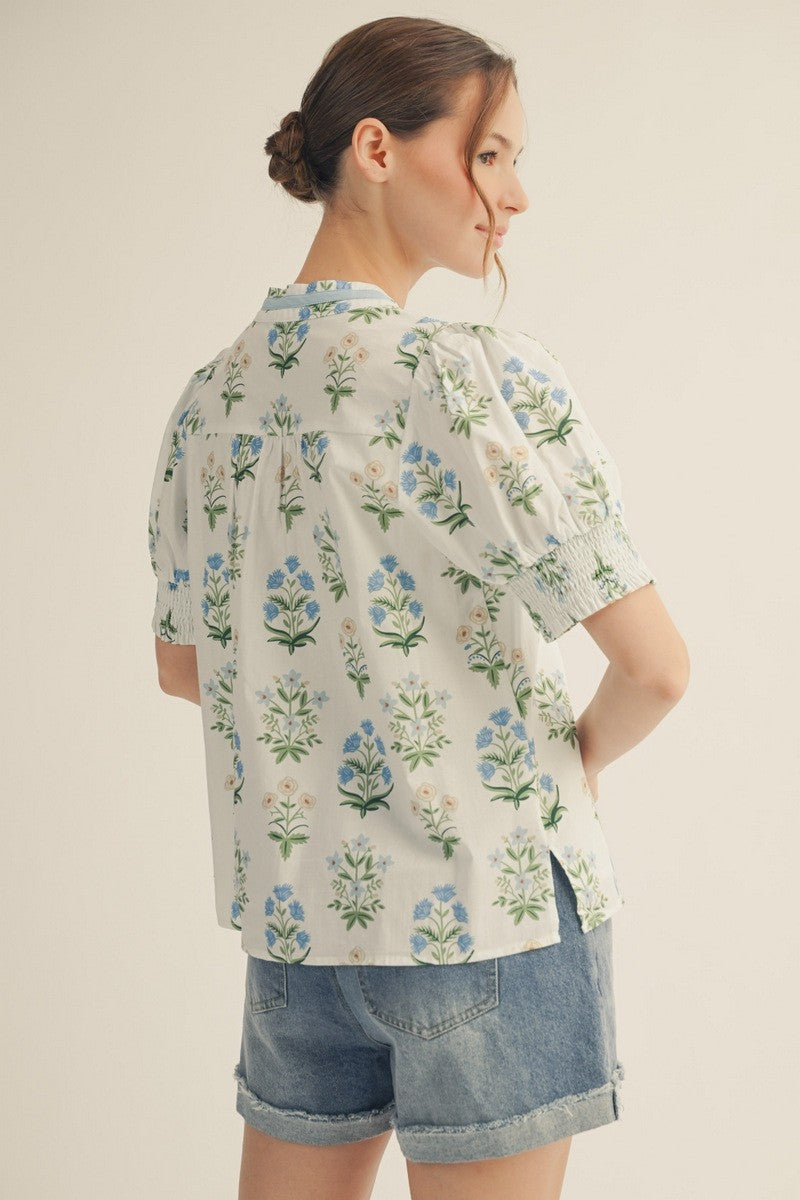 Color Contrast V-notched Neck Floral Top