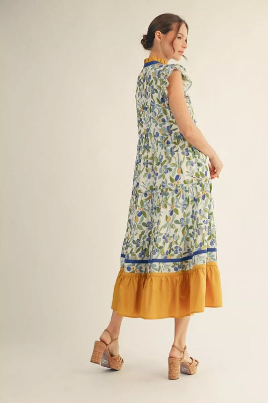Ruffled Cap Sleeves Tiered Floral Midi Dress
