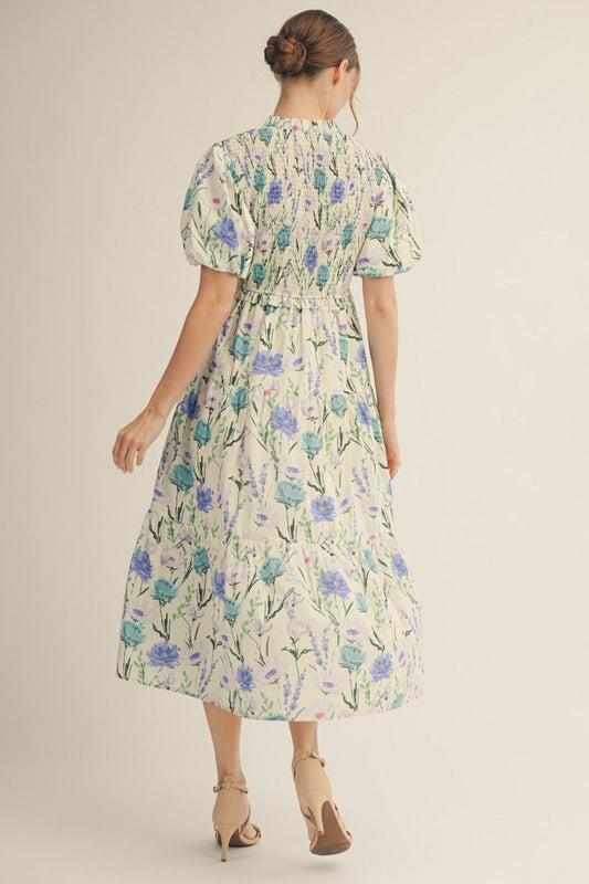 Smocked Upper Body Tiered Floral Midi Dress