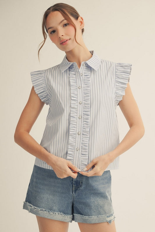 Ruffle Detail Button Down Stripe Top