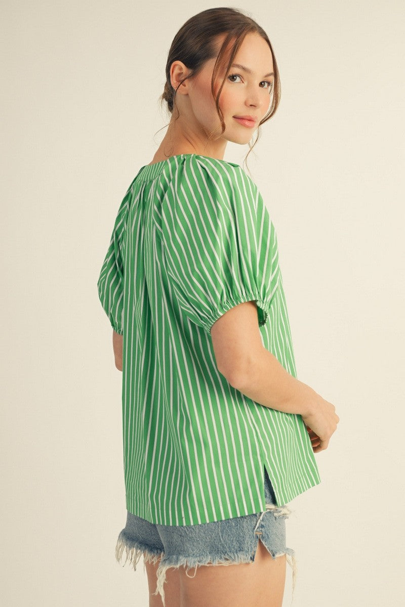 Shoulder Pintuck Detail Stripe Peasant Top