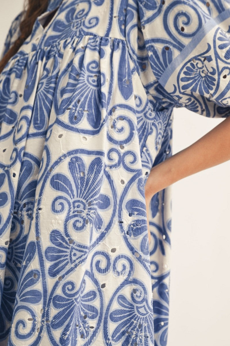 Boho Floral Print Eyelet Babydoll Dress