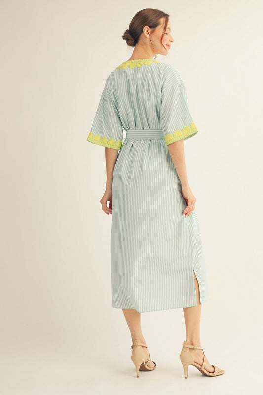 Embroidery Accent Stripe Midi Dress