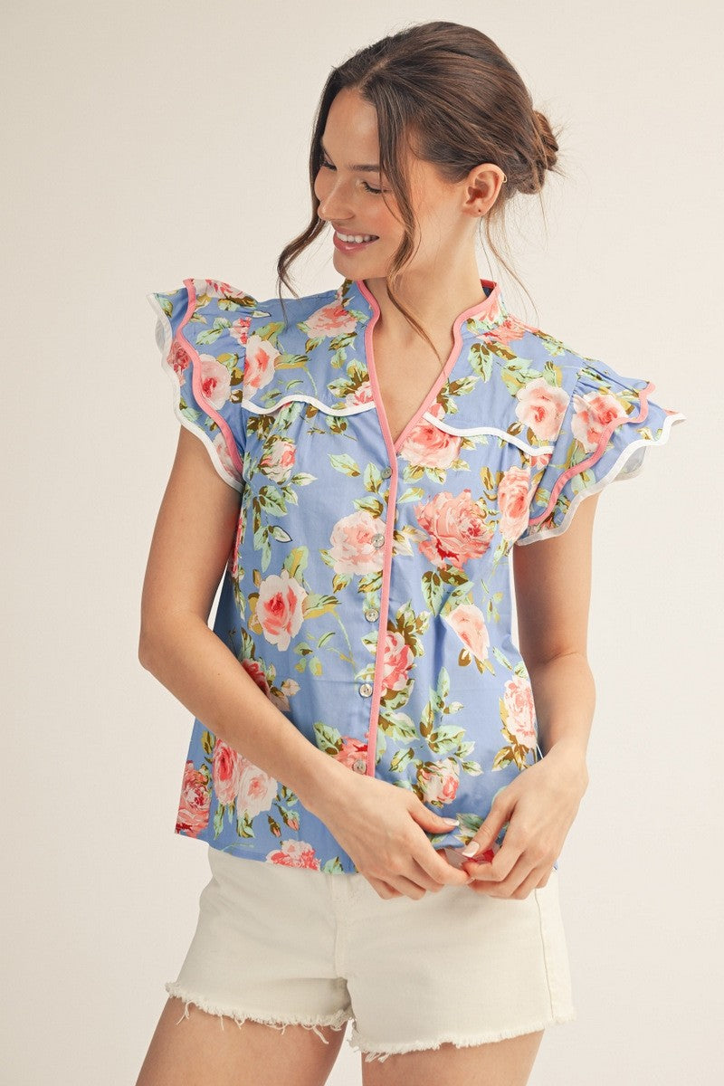 Ruffled Sleeves Button Down Floral Top