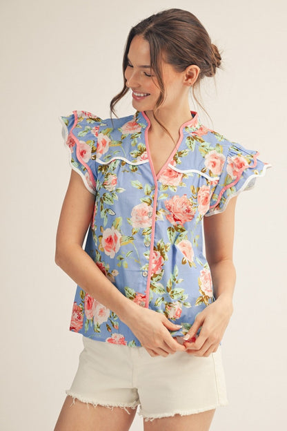 Ruffled Sleeves Button Down Floral Top