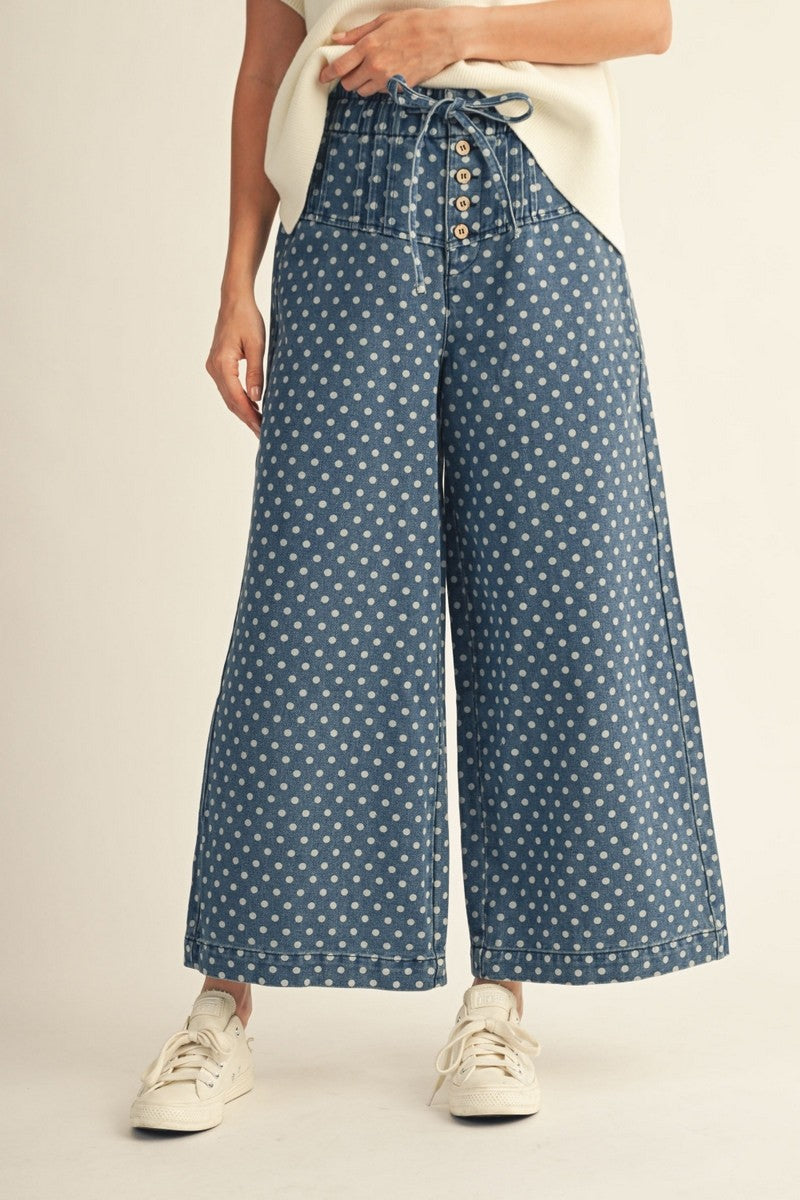 Drawstring Waist Wide Leg Polka Dot Pants