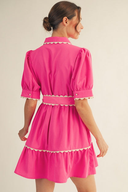 Scallop Trim Accent Button Down Babydoll Dress