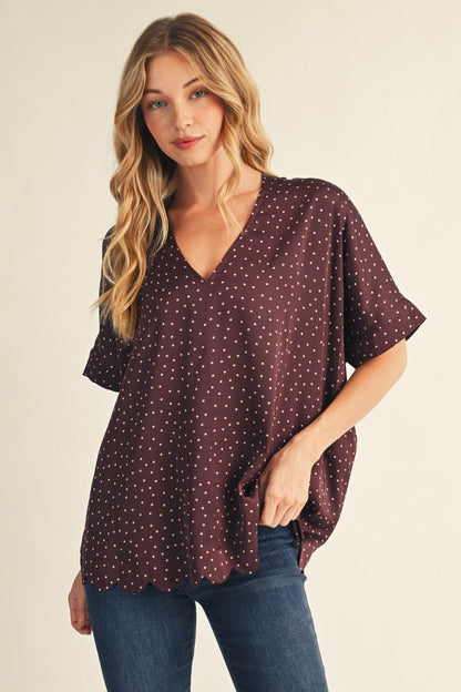 Scallop Hem Detail Tiny Polka Dot Top