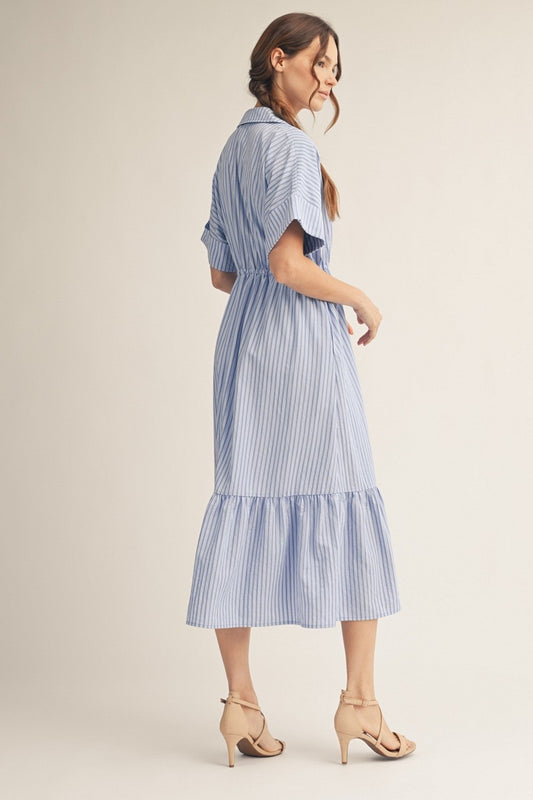 Drawstring Waist Tie Stripe Midi Dress