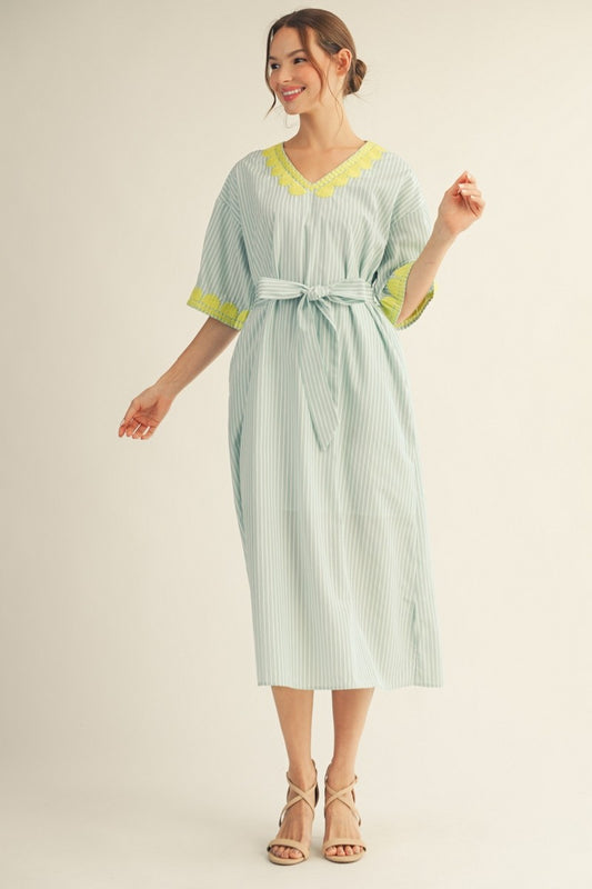 Embroidery Accent Stripe Midi Dress
