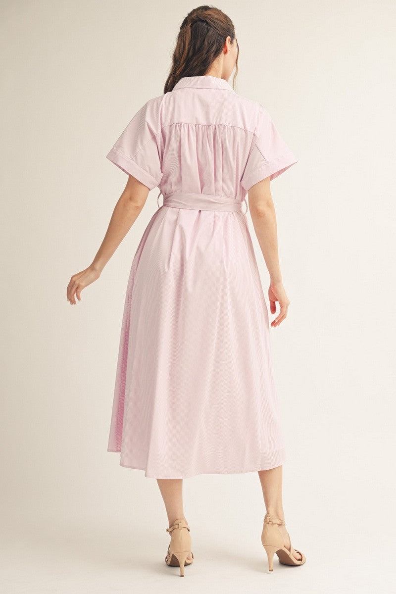 Applique Detail Button Down Pinstripe Midi Dress
