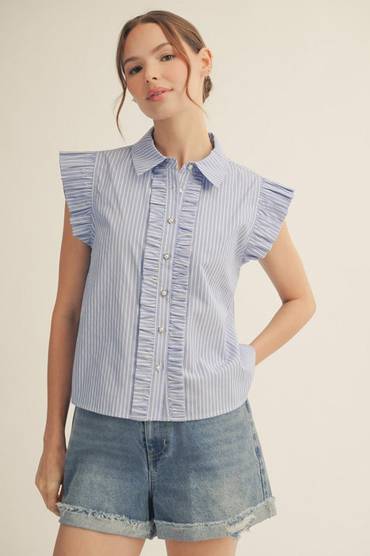 Ruffle Detail Button Down Stripe Top