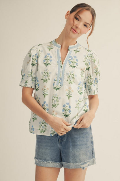 Color Contrast V-notched Neck Floral Top