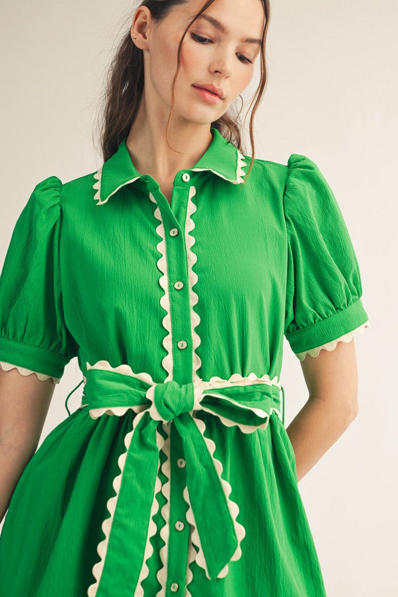 Scallop Trim Accent Button Down Babydoll Dress