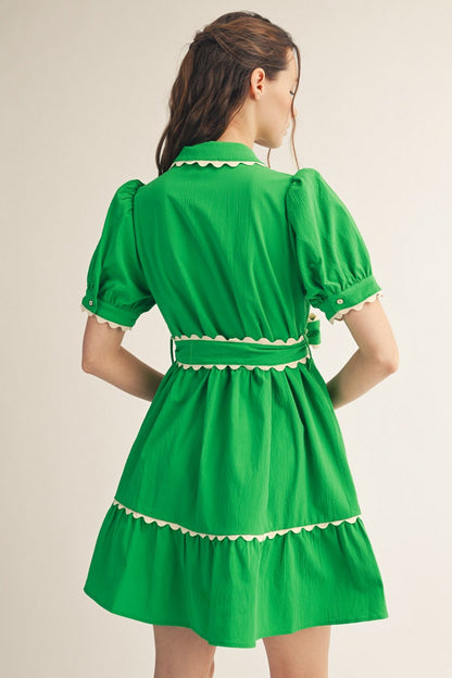Scallop Trim Accent Button Down Babydoll Dress
