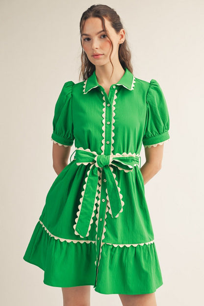 Scallop Trim Accent Button Down Babydoll Dress
