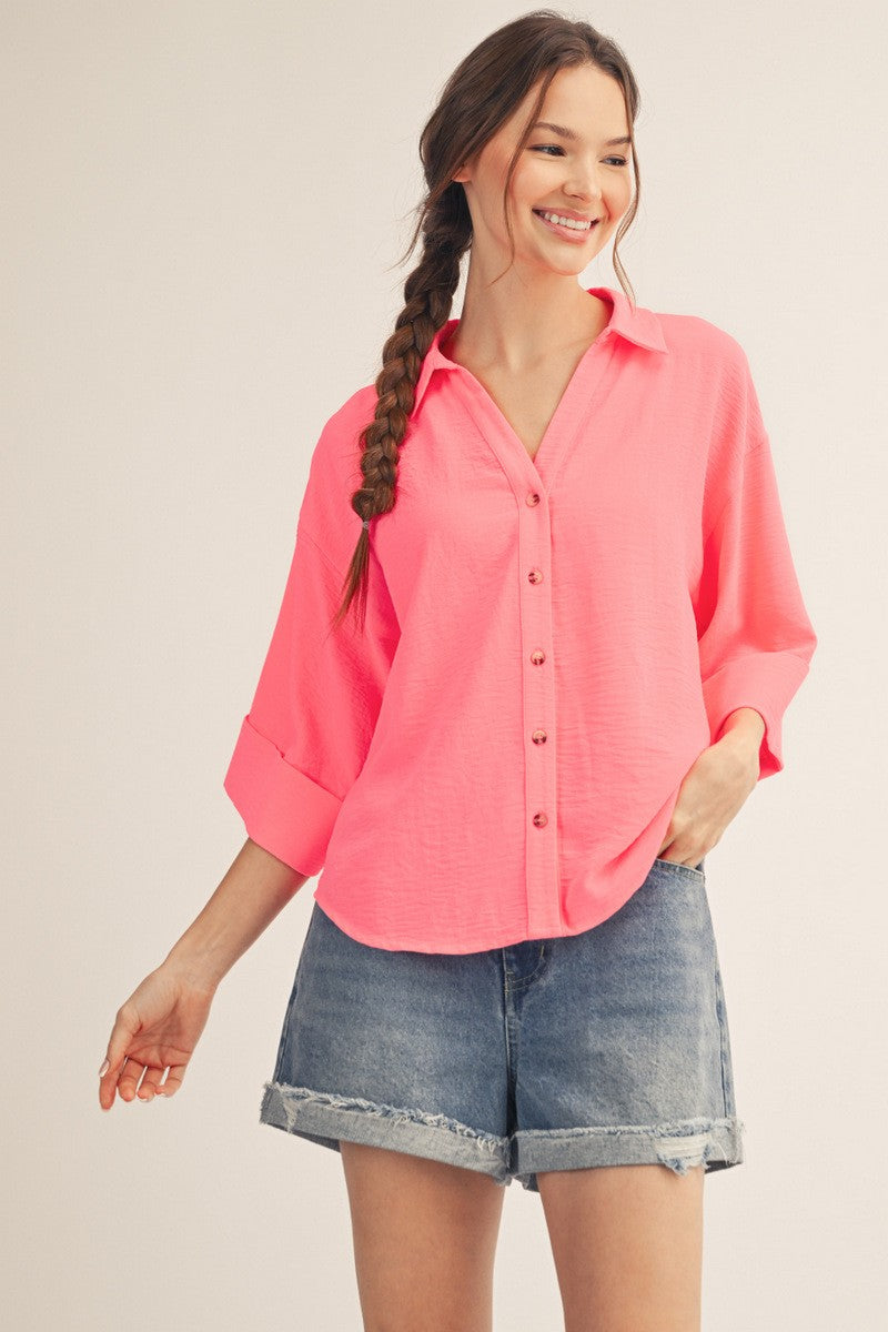 Pleat Back Detail Button Down Crinkle Top