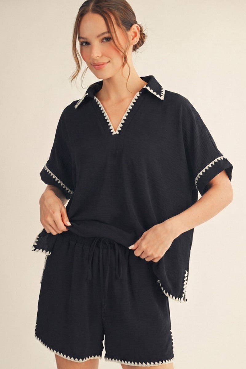Scallop Embroidery Detail Loose Fit Top