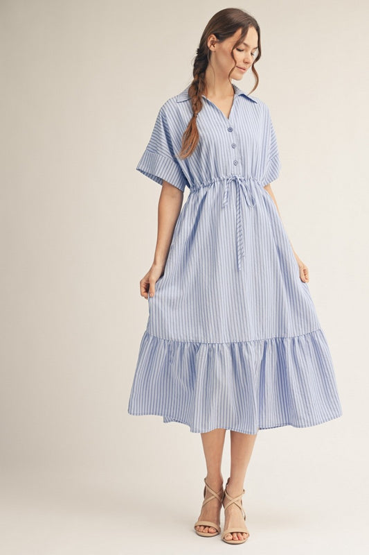 Drawstring Waist Tie Stripe Midi Dress