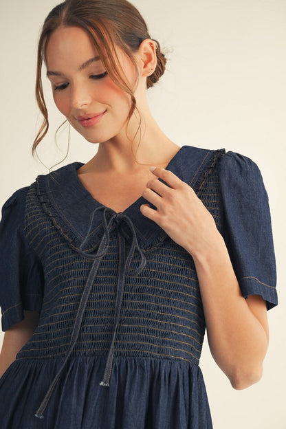 Ruffled Peter Pan Collared Denim Skater Dress