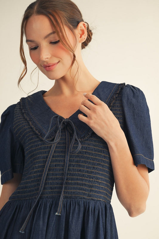 Ruffled Peter Pan Collared Denim Skater Dress