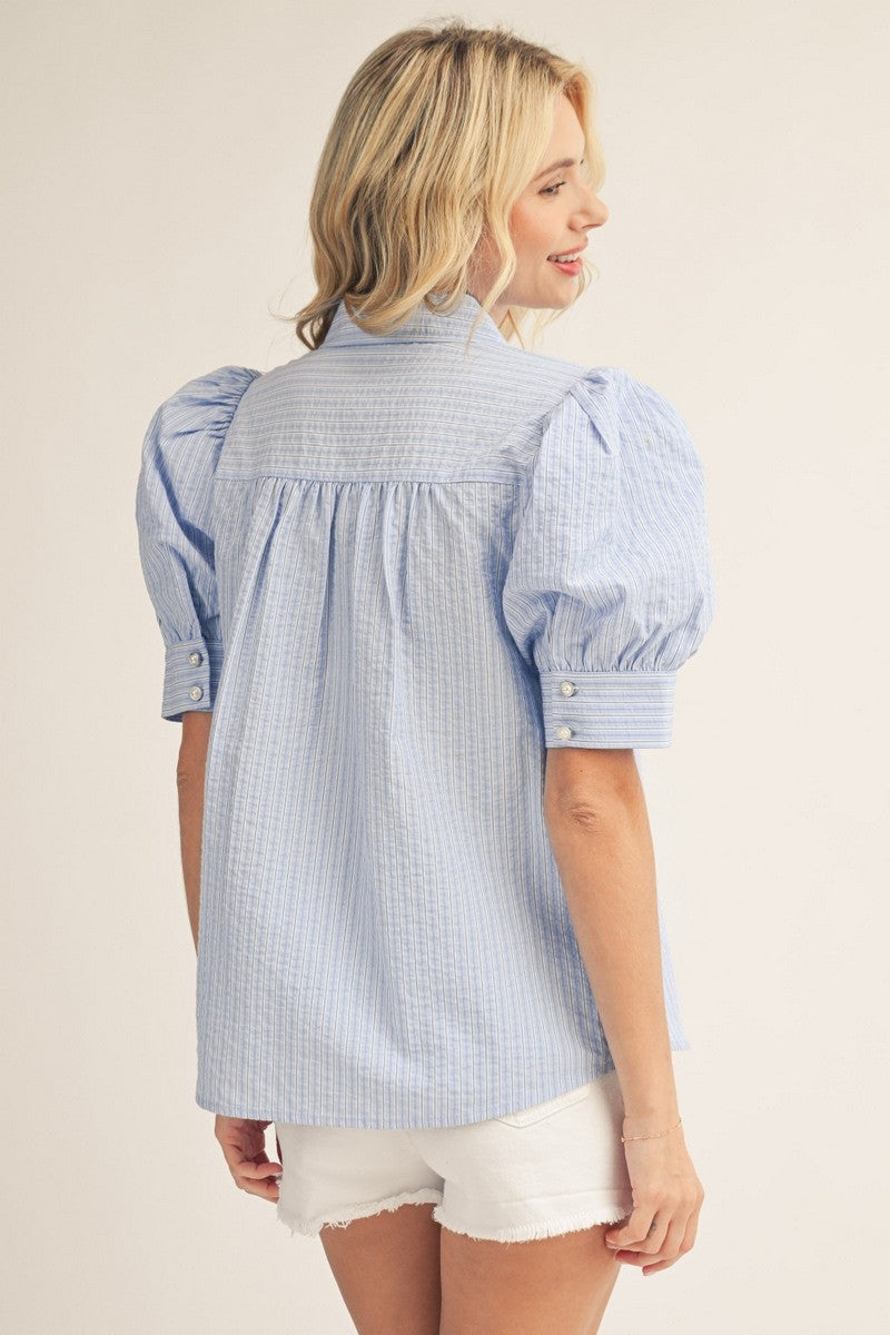 Pearl Rhinestone Button Detail Stripe Top