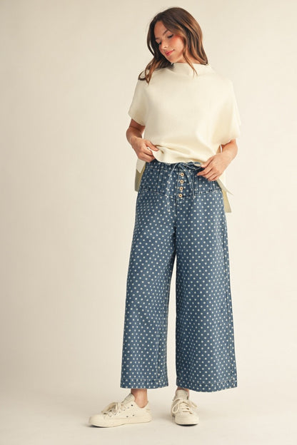 Drawstring Waist Wide Leg Polka Dot Pants