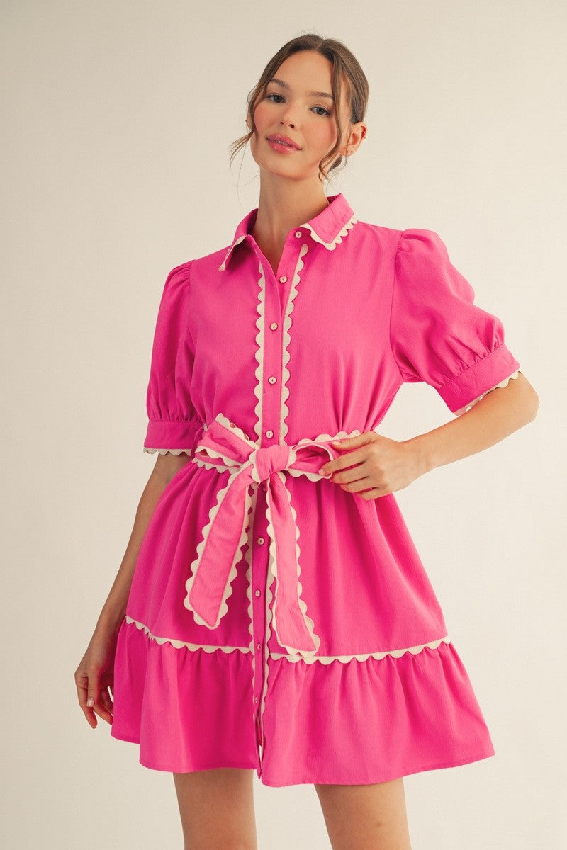 Scallop Trim Accent Button Down Babydoll Dress