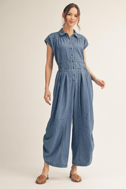 Side Drawstring Hem Detail Washed Denim Jumpsuit