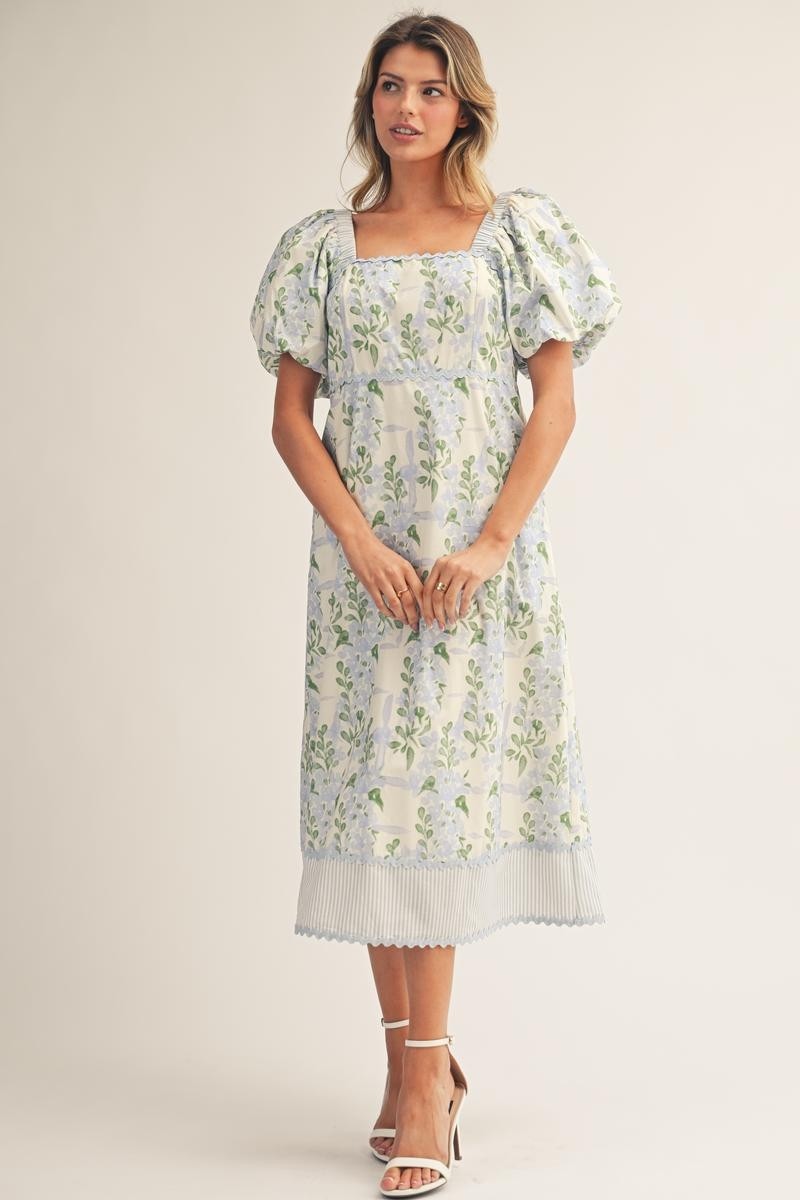 Puff Sleeves Floral Print Lovely Midi Dress