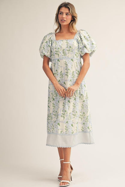 Puff Sleeves Floral Print Lovely Midi Dress