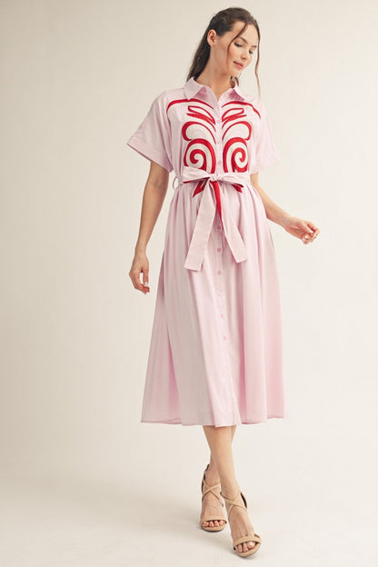 Applique Detail Button Down Pinstripe Midi Dress