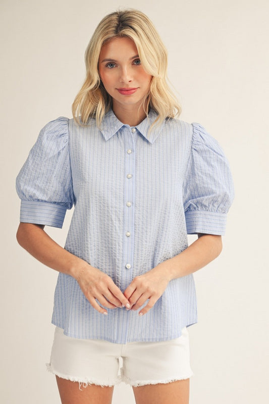 Pearl Rhinestone Button Detail Stripe Top