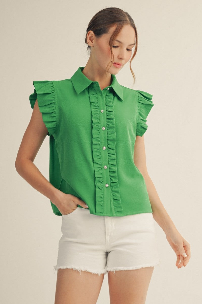 Ruffle Detail Button Down Crinkled Solid Top