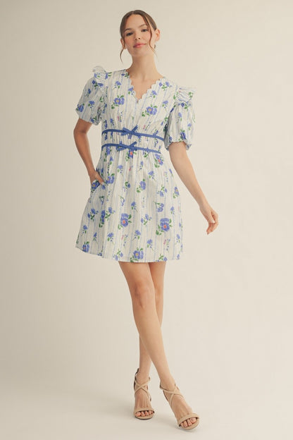 Tiny Bow Waistline Accent Lovely Floral Dress