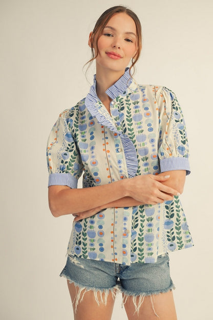 Ruffle Detail Button Down Floral Top