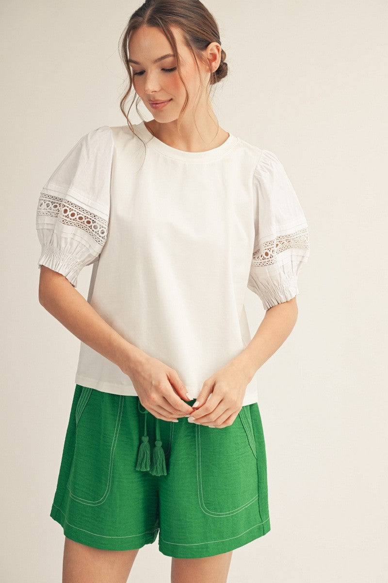 Lace Accent Puff Sleeves Lovely Top
