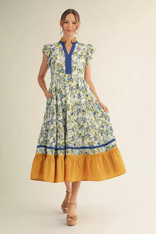 Ruffled Cap Sleeves Tiered Floral Midi Dress