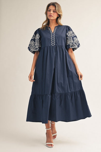 Puff Sleeves Embroidered Midi Dress