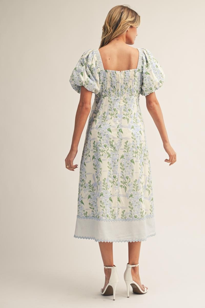 Puff Sleeves Floral Print Lovely Midi Dress