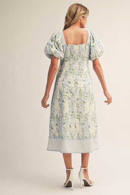 Puff Sleeves Floral Print Lovely Midi Dress