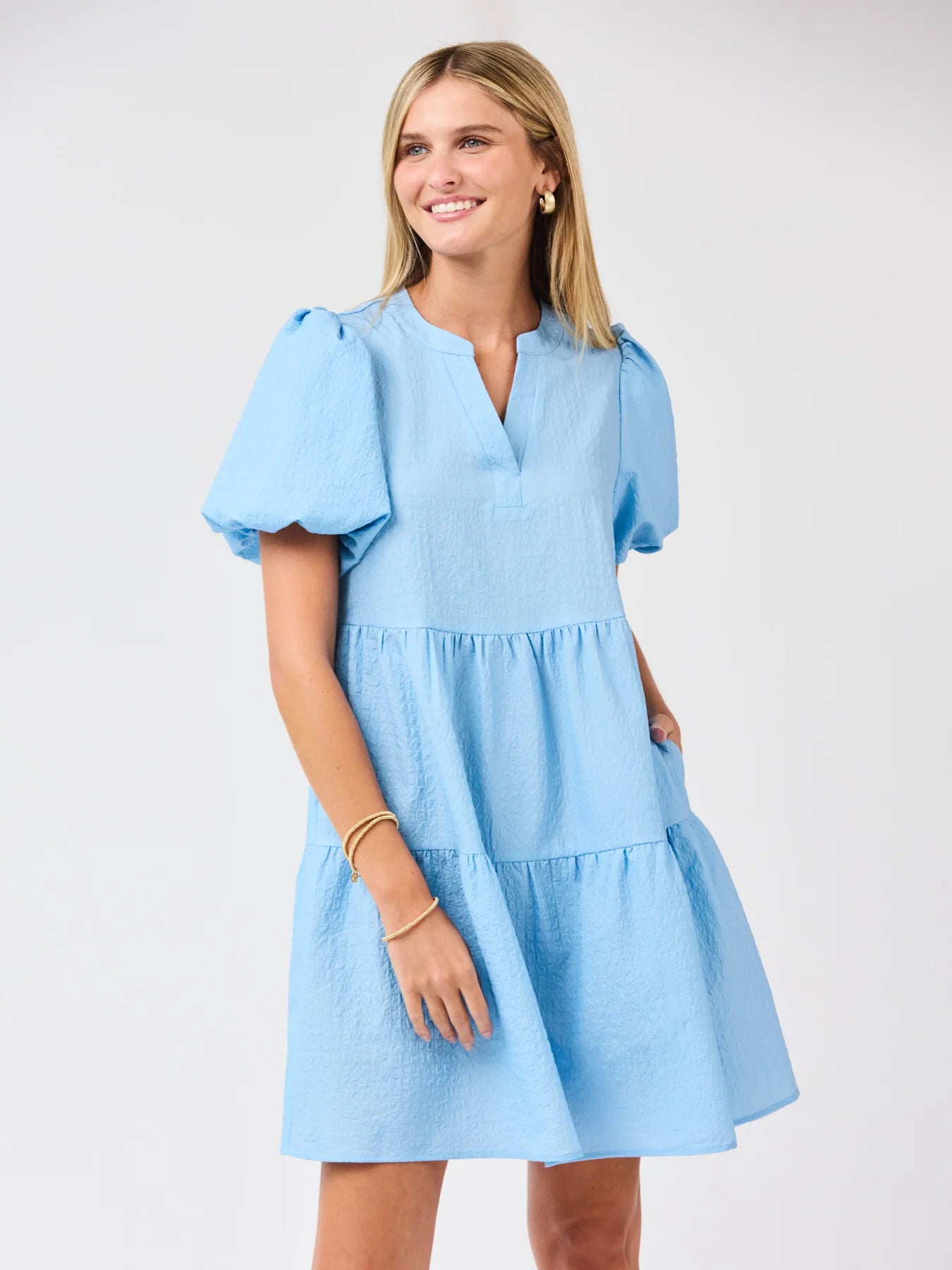 Plus - Kinsley Mini Dress | Light Blue Seersucker
