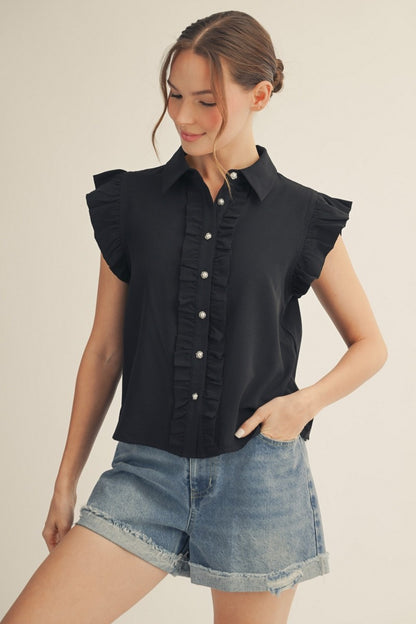 Ruffle Detail Button Down Crinkled Solid Top