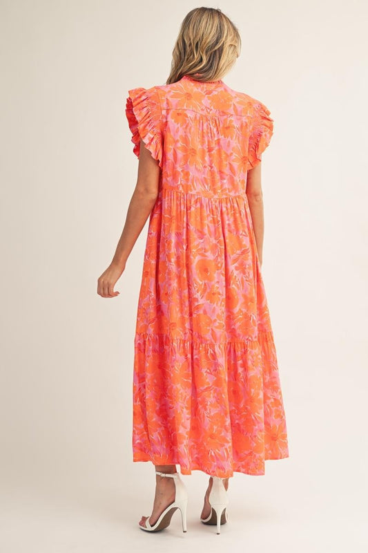 Ruffle Sleeves Tropical Floral Midi Dress