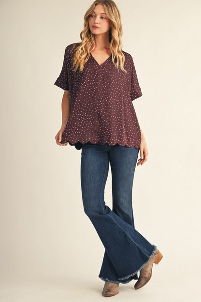 Scallop Hem Detail Tiny Polka Dot Top