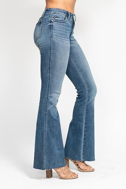 Midrise Tummy Control Vintage Wash Cut Hem Flare Jeans