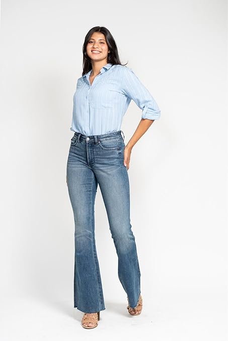 Midrise Tummy Control Vintage Wash Cut Hem Flare Jeans