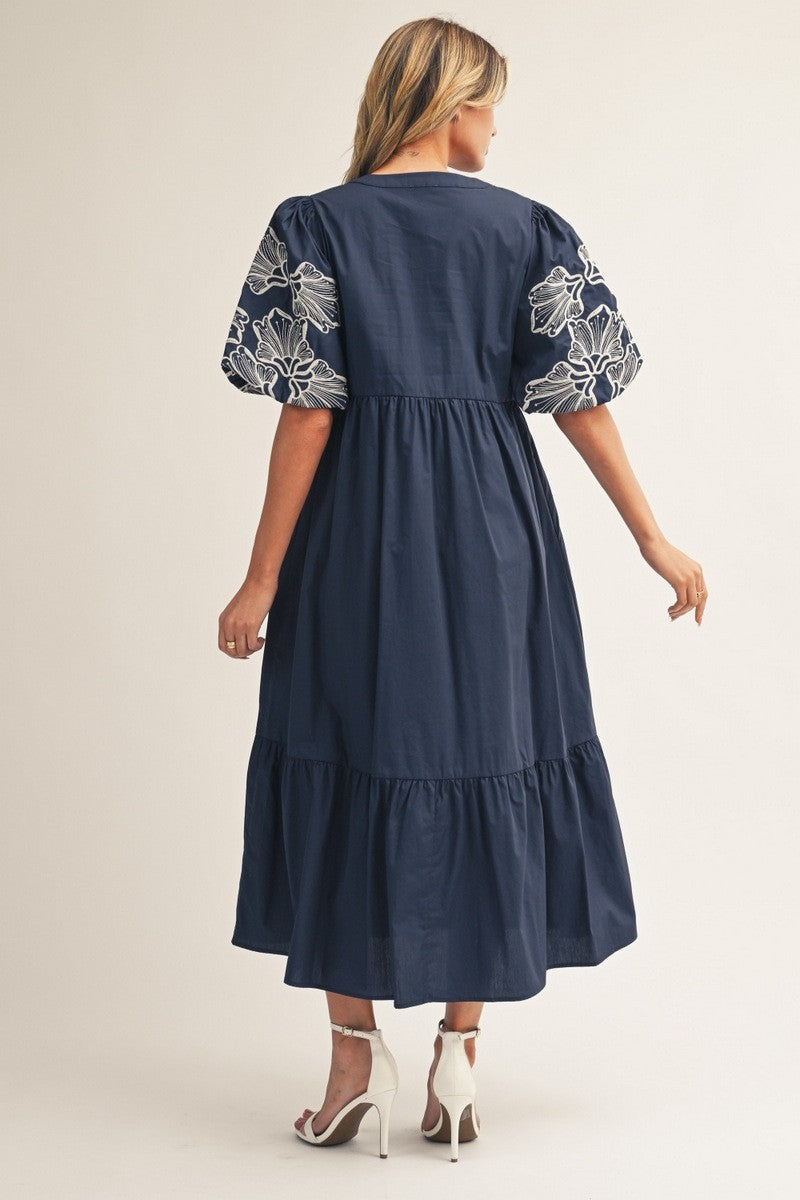 Puff Sleeves Embroidered Midi Dress