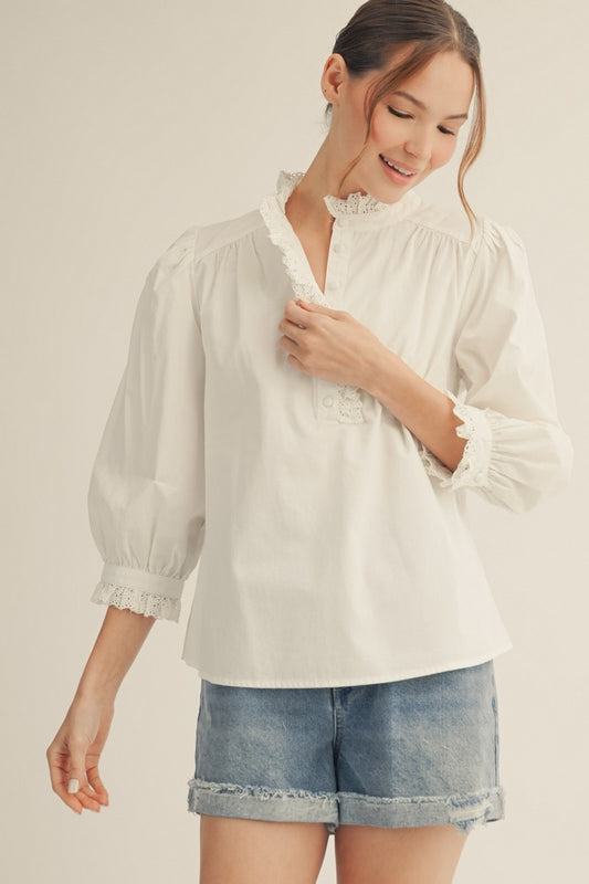 Eyelet Contrast Accent Button Up Solid Top